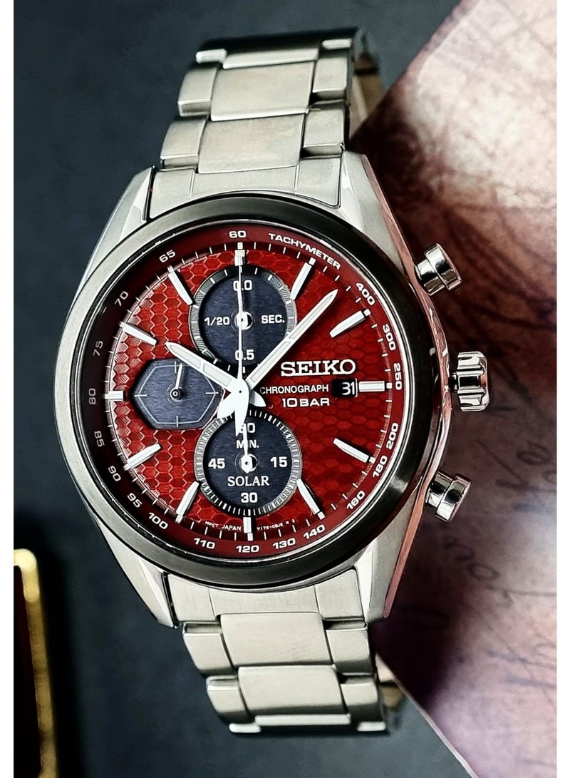 Seiko Macchina Sportiva Solar Chronograph Watch SSC771P1, 41.4 mm Red Dial, Stainless Steel Case & Bracelet, 100 m WR - Image 1
