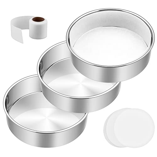 E-far 6 Inch Cake Pan Set of 3, E-Far Stainless Steel Round Layer Smash Cake Baking Pans with Parchment Rounds & Side Liner Roll, Non-Toxic & Healthy Metal Cakes Tin, Straight Side & Dishwasher Safe - Image 1