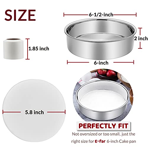 E-far 6 Inch Cake Pan Set of 3, E-Far Stainless Steel Round Layer Smash Cake Baking Pans with Parchment Rounds & Side Liner Roll, Non-Toxic & Healthy Metal Cakes Tin, Straight Side & Dishwasher Safe - Image 2