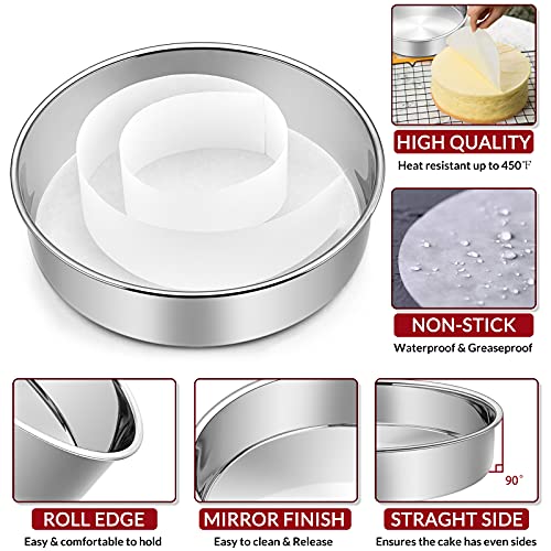 E-far 6 Inch Cake Pan Set of 3, E-Far Stainless Steel Round Layer Smash Cake Baking Pans with Parchment Rounds & Side Liner Roll, Non-Toxic & Healthy Metal Cakes Tin, Straight Side & Dishwasher Safe - Image 3