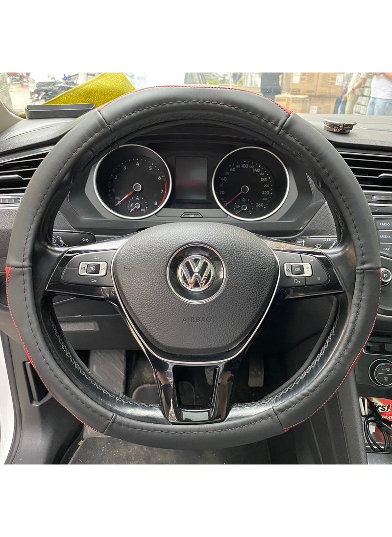 Techmaster - Vehicle Auto Leather Snap-On Odorless Steering Wheel Cover Black Red SC11 - Image 1