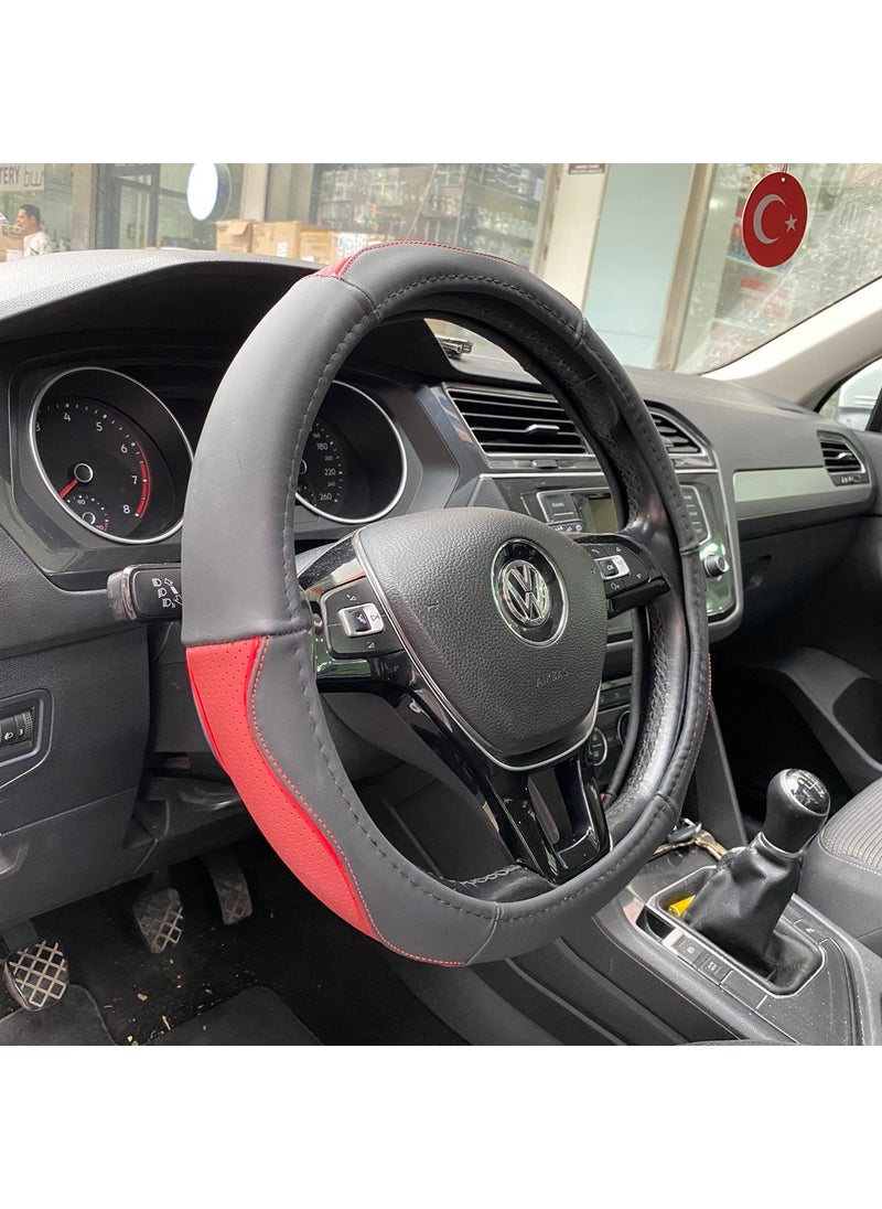 Techmaster - Vehicle Auto Leather Snap-On Odorless Steering Wheel Cover Black Red SC11 - Image 1