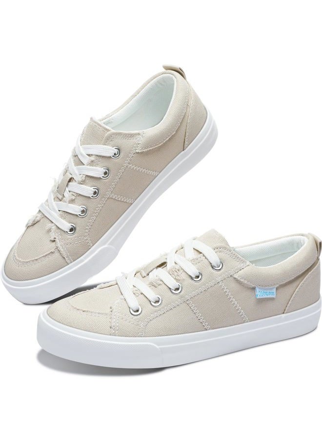 Obtaom Women's Play Fashion Sneakers Cute Lace up Canvas Shoes Low Top Washed Canvas Flat for Lady, Beige, 11 - Image 1