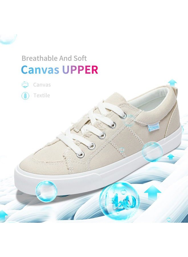 Obtaom Women's Play Fashion Sneakers Cute Lace up Canvas Shoes Low Top Washed Canvas Flat for Lady, Beige, 11 - Image 3