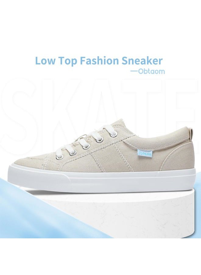 Obtaom Women's Play Fashion Sneakers Cute Lace up Canvas Shoes Low Top Washed Canvas Flat for Lady, Beige, 11 - Image 2