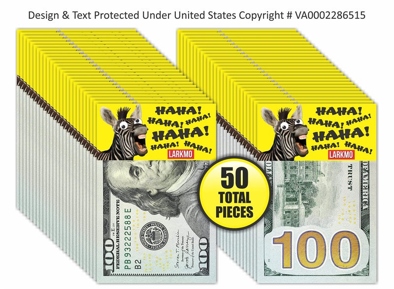 Larkmo The Pranking Zebra Funny $100 Gag, Realistic One Hundred Dollar Bill Joke Office Prank for Men, Women & Children, Great Practical Joke, Kit of 50 Pieces - Image 2