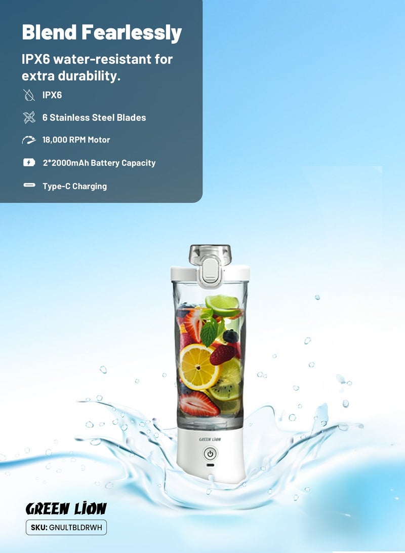 GREEN LION Ultimate Blender 600ml Capacity / Juice Straight from the Source / Two Blend Modes / Considerable Times Blending / 6 Powerful Blades / Strong Power / Direct Drink / IP67 Waterproof / Handy Loop - White - Image 5