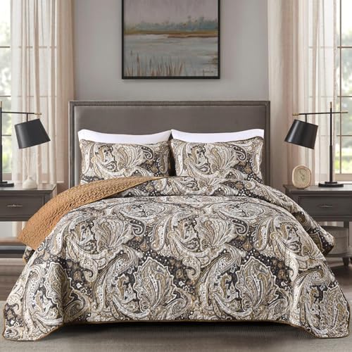 DJY Brown Paisley Quilt Set King Boho Bedspread Coverlet Set 3 Pieces Soft Lightweight Microfiber Paisley Floral Pattern Bedding for All Season 110x90 - Image 1