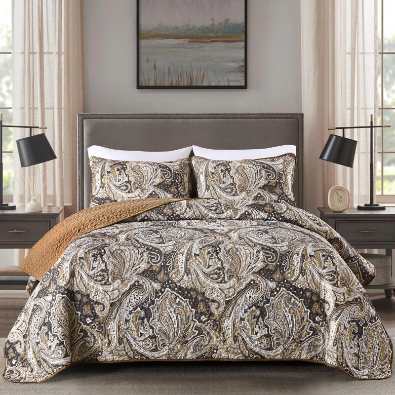 DJY Brown Paisley Quilt Set King Boho Bedspread Coverlet Set 3 Pieces Soft Lightweight Microfiber Paisley Floral Pattern Bedding for All Season 110x90 - Image 2