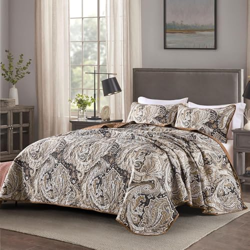 DJY Brown Paisley Quilt Set King Boho Bedspread Coverlet Set 3 Pieces Soft Lightweight Microfiber Paisley Floral Pattern Bedding for All Season 110x90 - Image 3