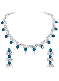 PEORA Peora Silver Plated Blue Synthetic Stone & Cubic Zirconia Studded Necklace Drop Earrings Set Stylish Fashion Jewellery for Women & Girls  - Image 1