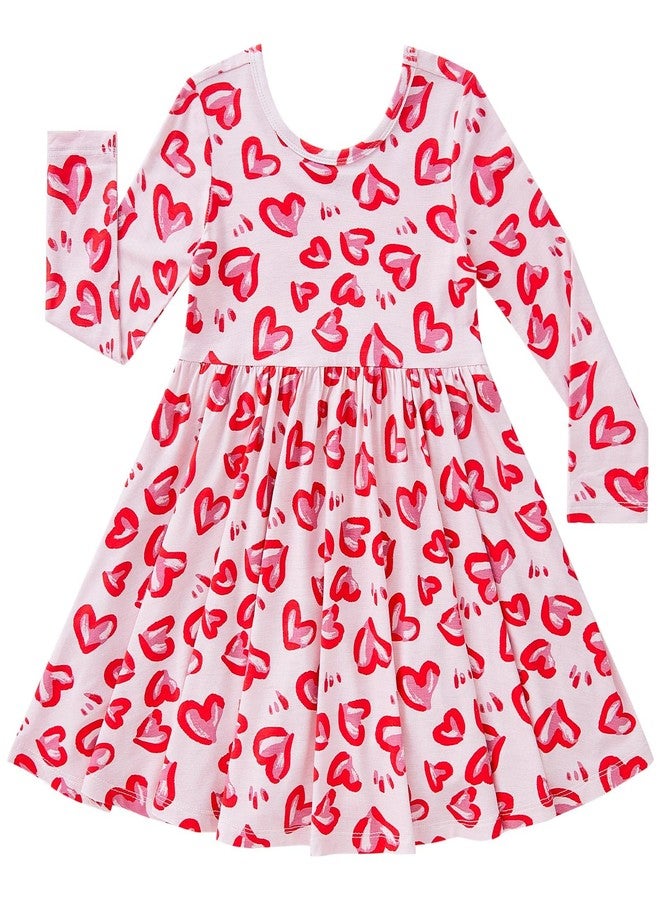 بيور بورن فستان بيوربورن للبنات الصغيرات من الفسكوز المصنوع من الخيزران، بأكمام طويلة، مناسب للعب، بتصميم دوار، مزين بقلب وردي، مقاس 4T - Image 1