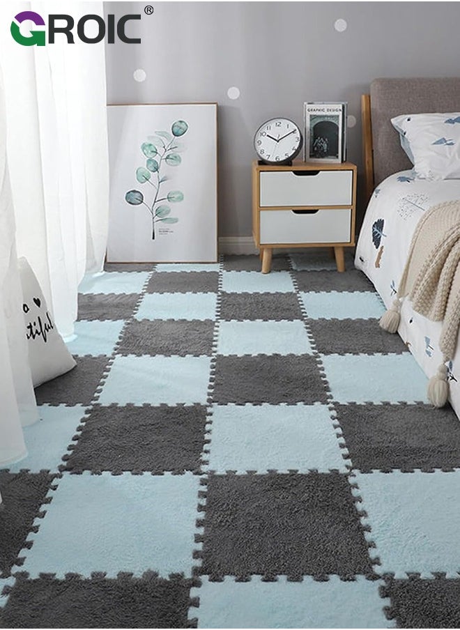 GROIC 12 Pcs Plush Puzzle Foam Floor Mat, Square Interlocking Carpet Tiles with Border Fluffy Play Mat, Flooring Climbing Area Rugs for Home Playroom Parlor Decor 30x30cm(Blue, Gray)  - Image 1