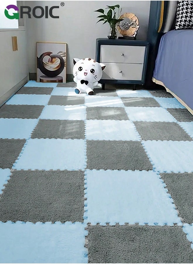 GROIC 12 Pcs Plush Puzzle Foam Floor Mat, Square Interlocking Carpet Tiles with Border Fluffy Play Mat, Flooring Climbing Area Rugs for Home Playroom Parlor Decor 30x30cm(Blue, Gray)  - Image 2
