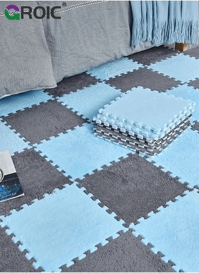 GROIC 12 Pcs Plush Puzzle Foam Floor Mat, Square Interlocking Carpet Tiles with Border Fluffy Play Mat, Flooring Climbing Area Rugs for Home Playroom Parlor Decor 30x30cm(Blue, Gray)  - Image 5