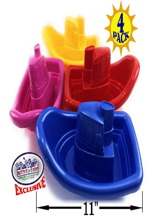 Matty's Toy Stop Plastic Nesting/Stacking Tug Boats (11") Red, Blue, Pink & Yellow Gift Set Bundle, Perfect for Bath, Pool, Beach Etc. - 4 Pack - Image 3