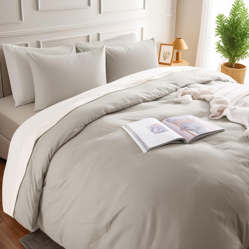 NEXHOME PRO Duvet Cover King Size, 100% Washed Cotton Orgnic Linen Like Textured Breathable Durable Comfy, Cream Grey - Image 4