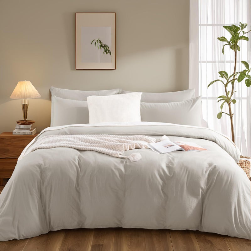 NEXHOME PRO Duvet Cover King Size, 100% Washed Cotton Orgnic Linen Like Textured Breathable Durable Comfy, Cream Grey - Image 2