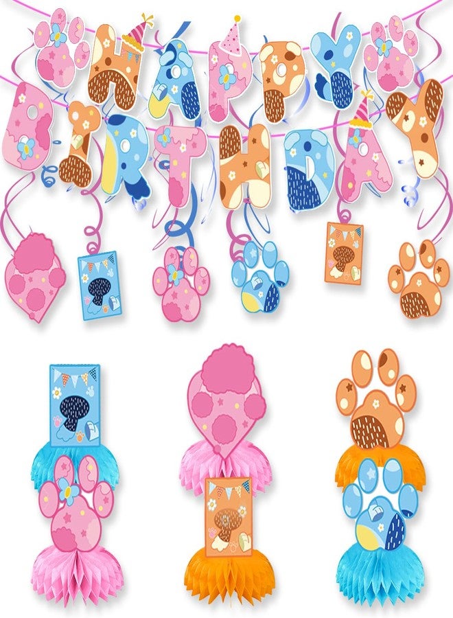 NF orange Blue and Pink Dog Birthday Party Supplies, Cute Dog Party Decorations -Banner -6 swirl-6 Honeycomb Centerpieces - Image 1