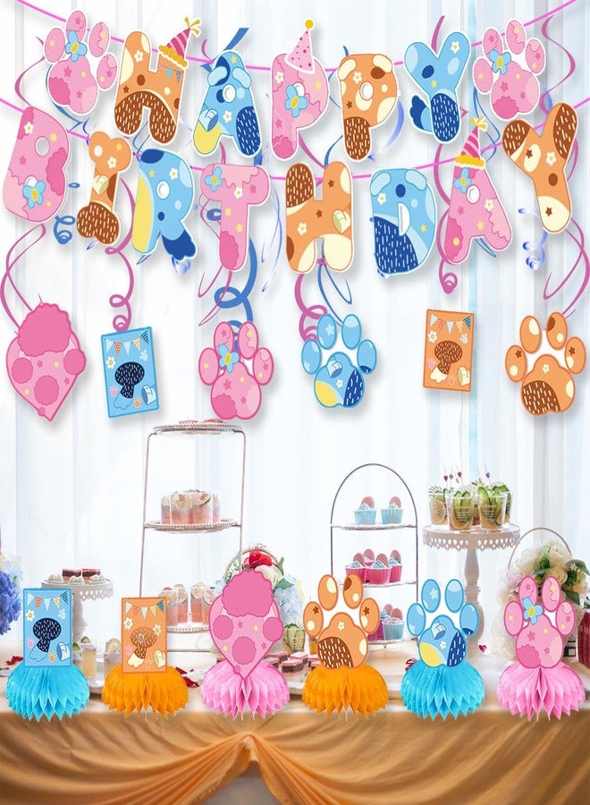 NF orange Blue and Pink Dog Birthday Party Supplies, Cute Dog Party Decorations -Banner -6 swirl-6 Honeycomb Centerpieces - Image 3