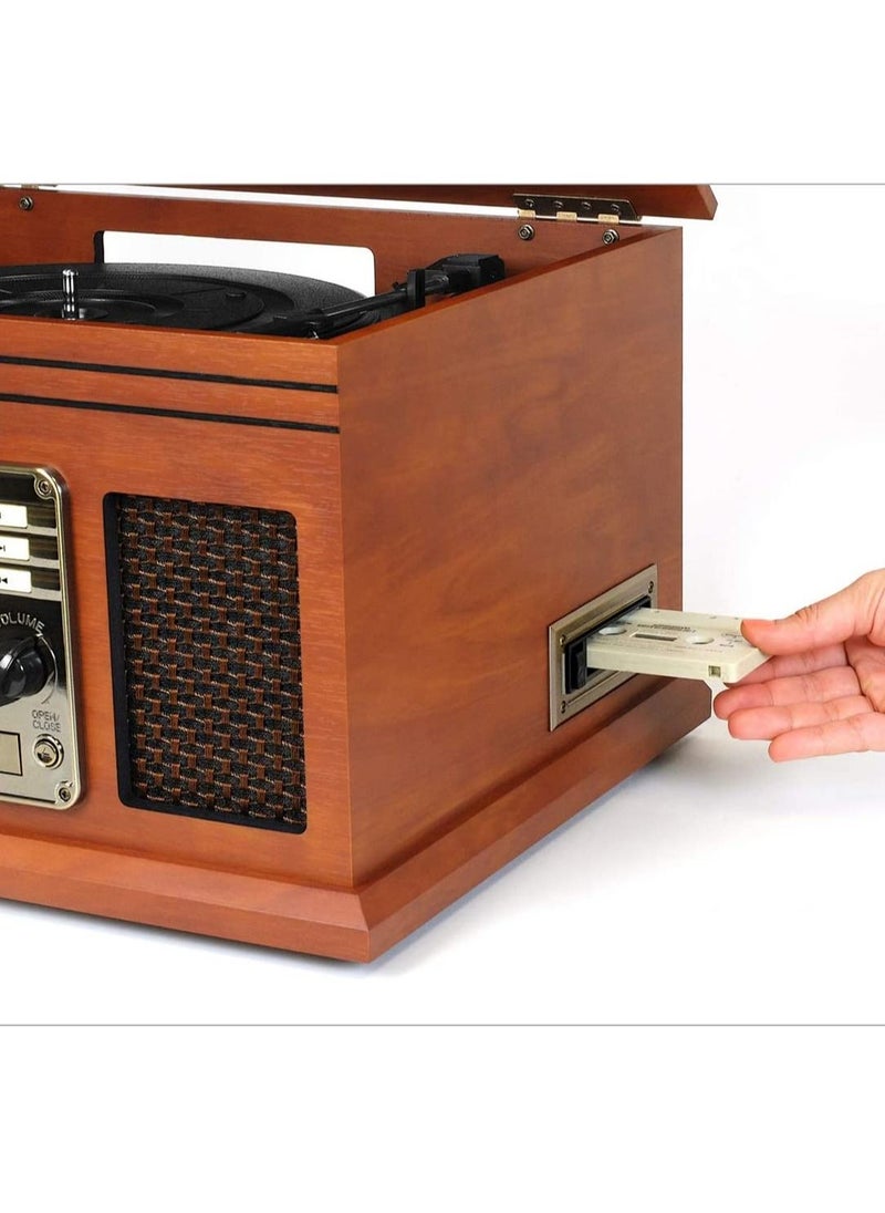 VICTROLA Victrola 6 in 1 Nostalgic Bluetooth Record Player and Multimedia Music Center with Built in Speakers 3 Speed Turntable CD and Cassette Player and FM Radio in Mahogany Design  - Image 4