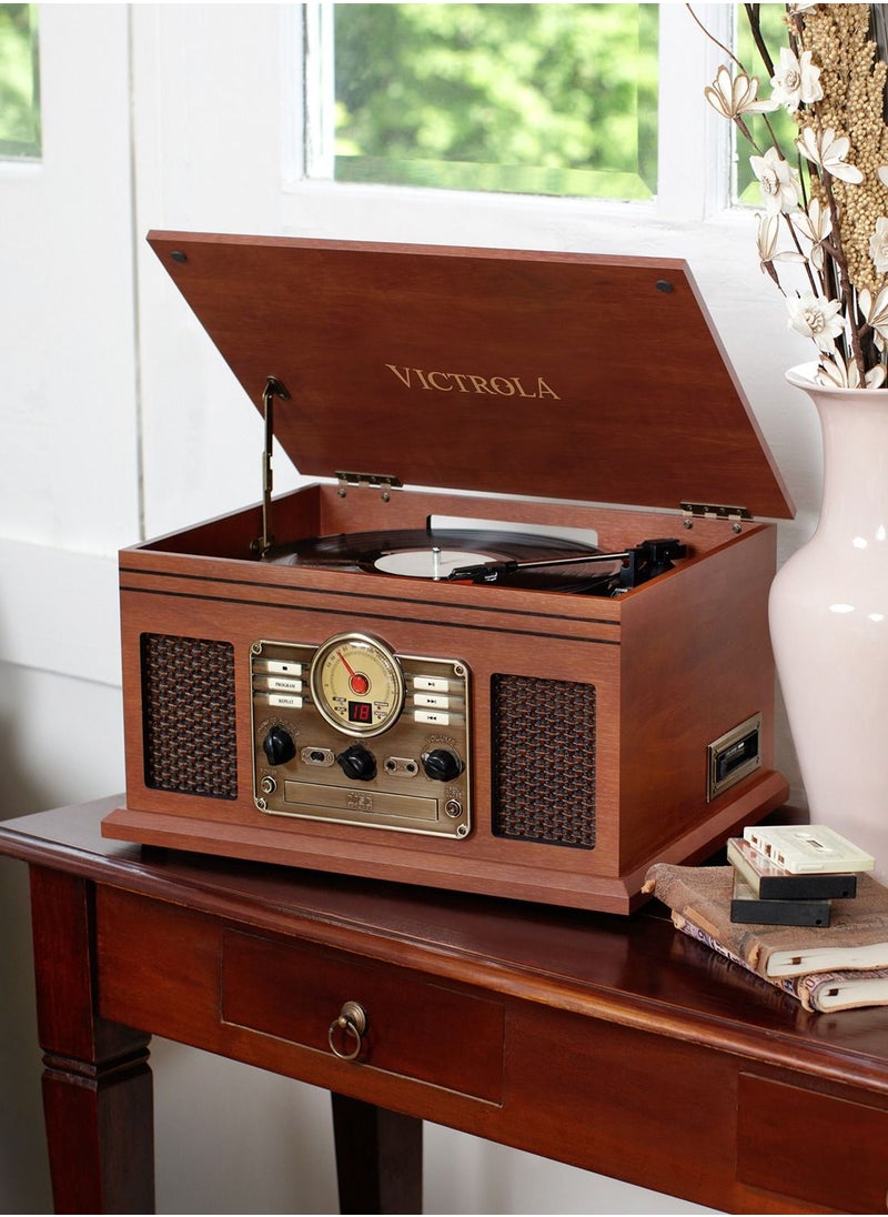 VICTROLA Victrola 6 in 1 Nostalgic Bluetooth Record Player and Multimedia Music Center with Built in Speakers 3 Speed Turntable CD and Cassette Player and FM Radio in Mahogany Design  - Image 5
