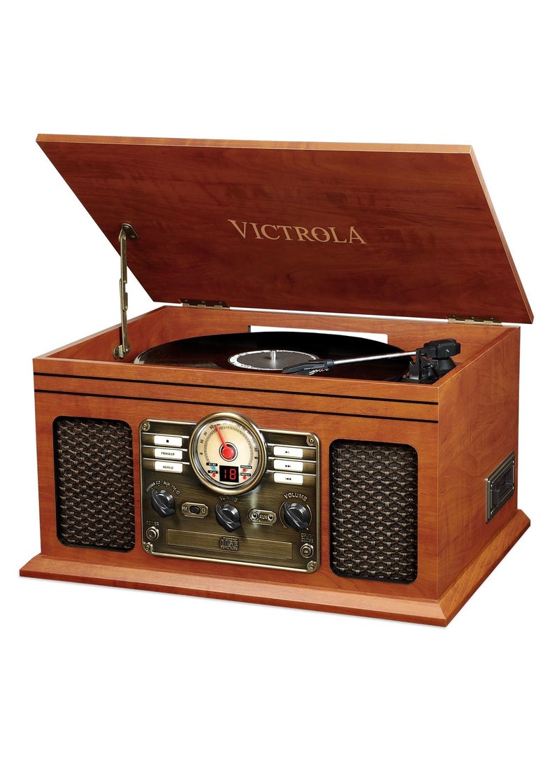 VICTROLA Victrola 6 in 1 Nostalgic Bluetooth Record Player and Multimedia Music Center with Built in Speakers 3 Speed Turntable CD and Cassette Player and FM Radio in Mahogany Design  - Image 1