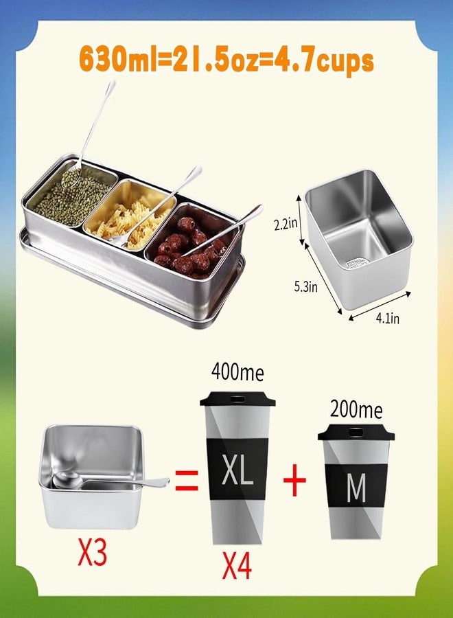 TOTITOM Seasoning Condiment Container, 3 Compartment 304 Stainless Steel Seasoning Organizer Box with Lids Spoons, for Snacks Flour Dry Goods Fruits Ingredient Kitchen Restaurant Pantry - Image 2