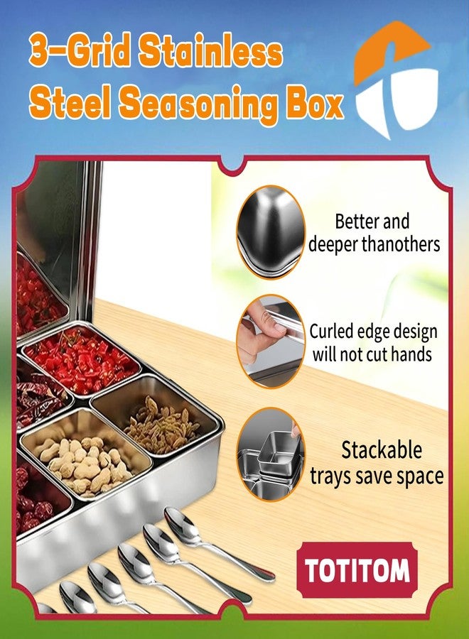 TOTITOM Seasoning Condiment Container, 3 Compartment 304 Stainless Steel Seasoning Organizer Box with Lids Spoons, for Snacks Flour Dry Goods Fruits Ingredient Kitchen Restaurant Pantry - Image 3