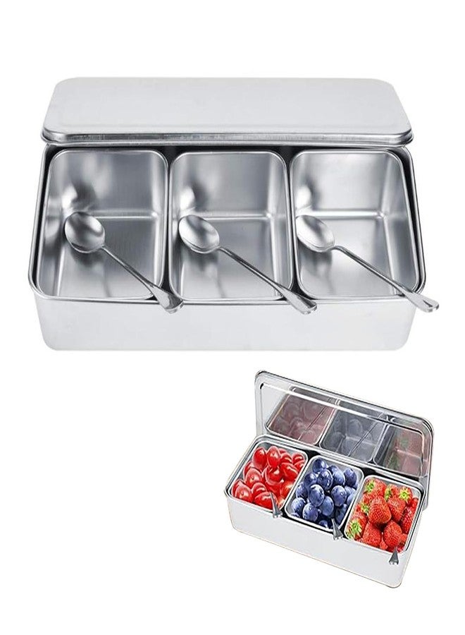 TOTITOM Seasoning Condiment Container, 3 Compartment 304 Stainless Steel Seasoning Organizer Box with Lids Spoons, for Snacks Flour Dry Goods Fruits Ingredient Kitchen Restaurant Pantry - Image 1