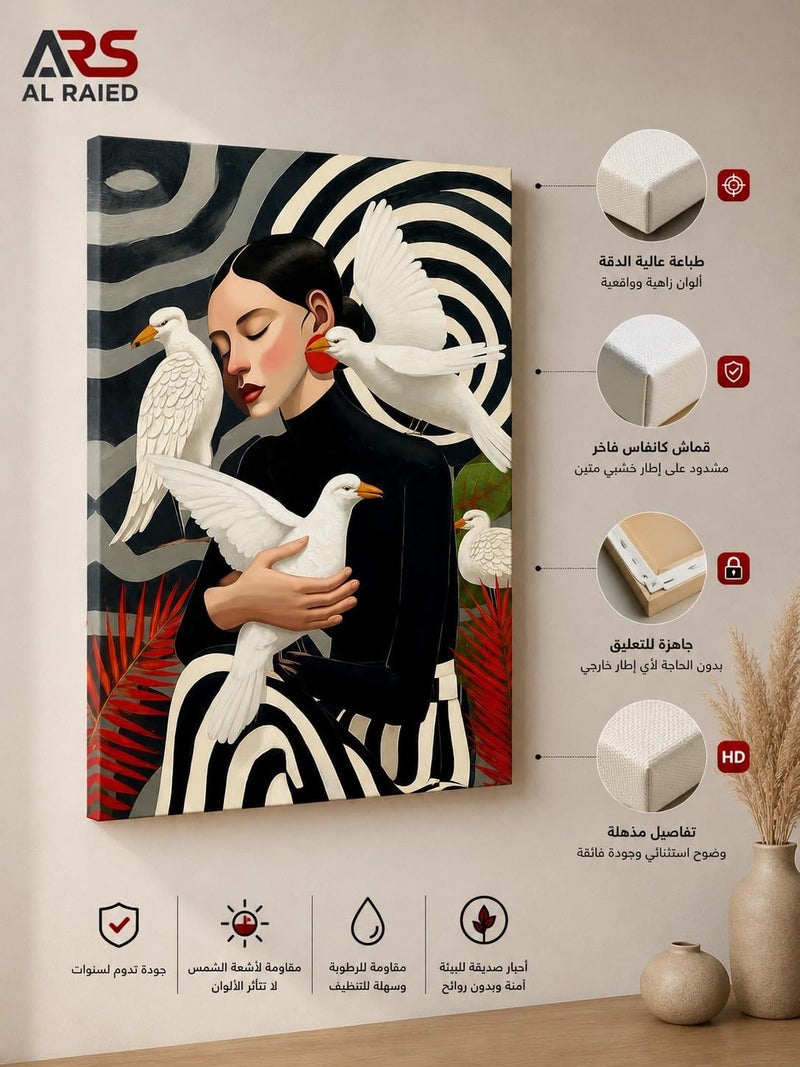 ARS Graphics ARS® Surrealist Woman Canvas Wall Art 100 x 150 CM with Black and White Swirl Background and White Doves - Image 3