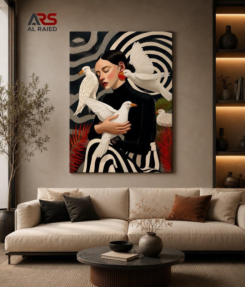 ARS Graphics ARS® Surrealist Woman Canvas Wall Art 100 x 150 CM with Black and White Swirl Background and White Doves - Image 2