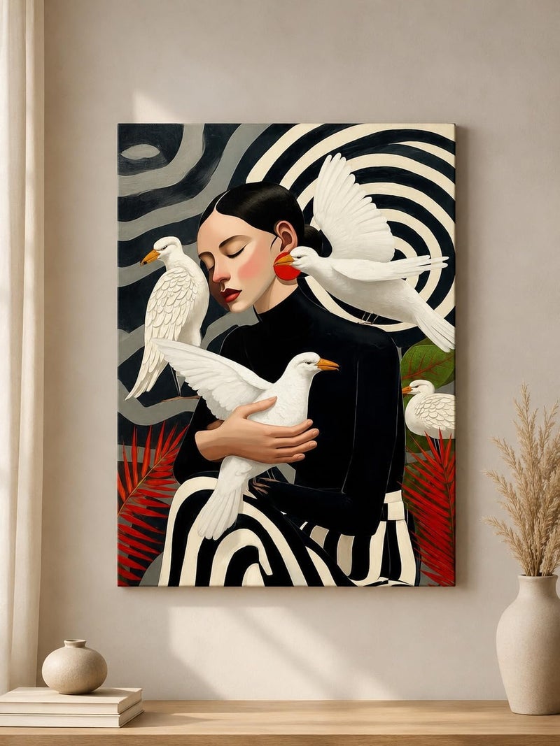 ARS Graphics ARS® Surrealist Woman Canvas Wall Art 100 x 150 CM with Black and White Swirl Background and White Doves - Image 1