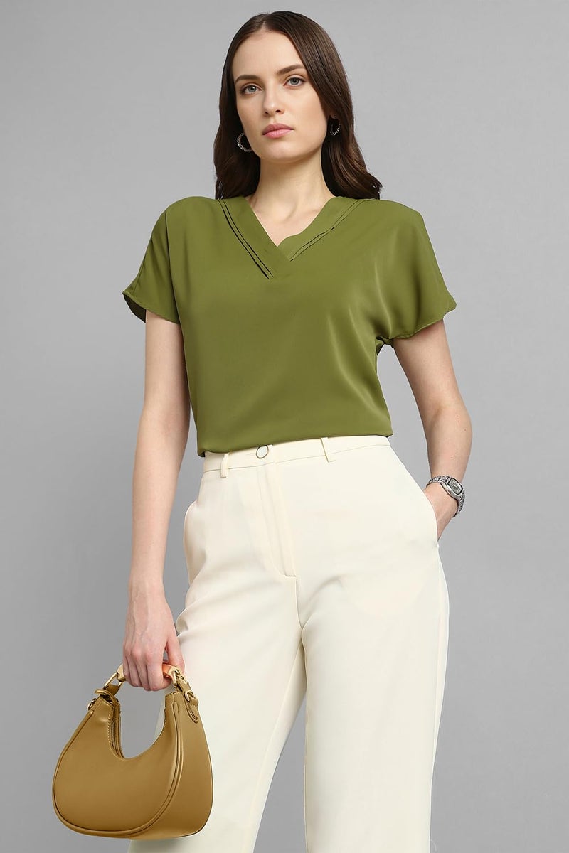Van Heusen Women Polyester Solid Regular Fit T-Shirt (VWTSURGF164820_Olive, 2XL - Image 2