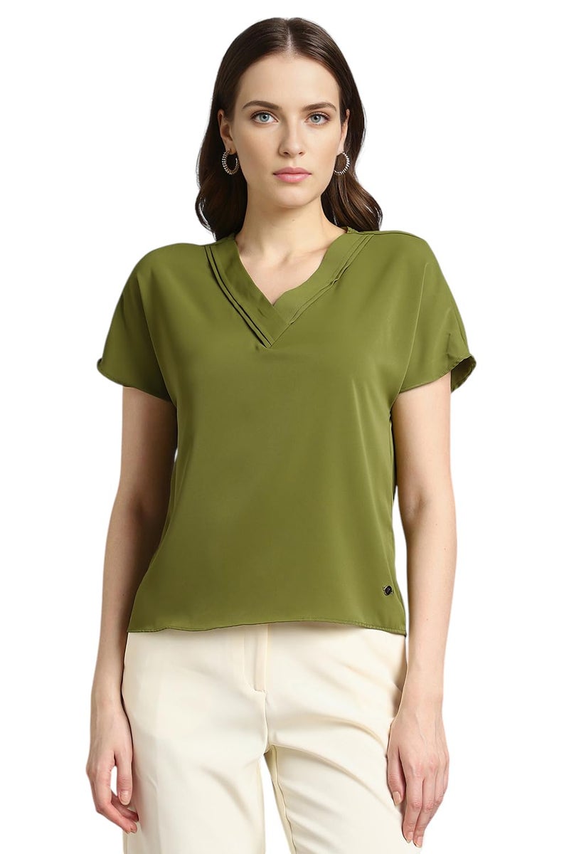 Van Heusen Women Polyester Solid Regular Fit T-Shirt (VWTSURGF164820_Olive, 2XL - Image 1