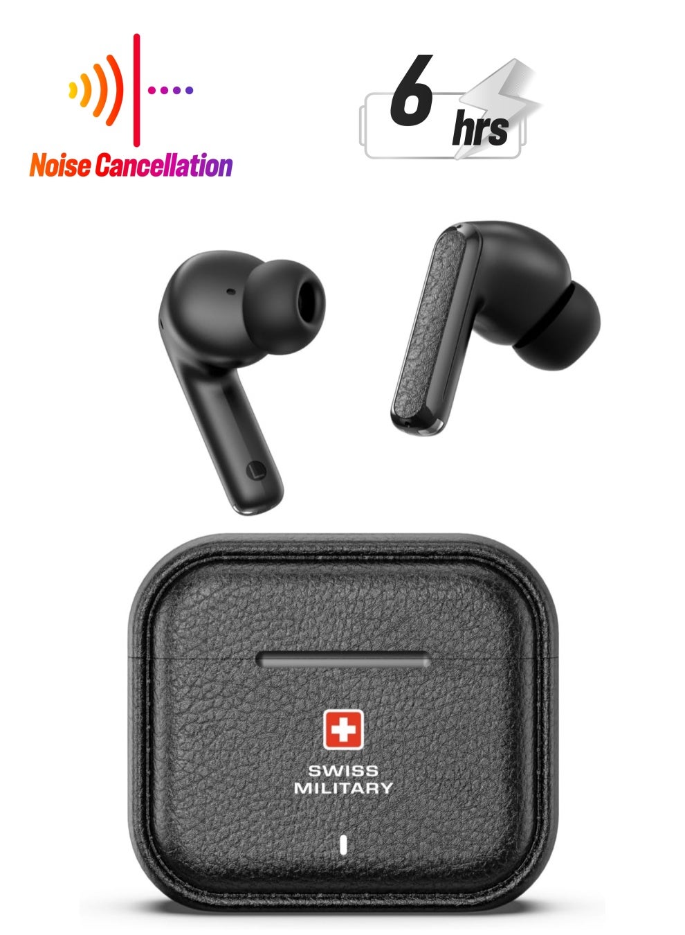 Swiss Military Victor RT75 PRO Active Noise Cancelling Earbuds - ENC & Transparency Mode, Hi-Res LDAC, Smart Touch Sensors, 180 Days Standby, 6Hr Music Time, Compatible with Android/iOS - Black