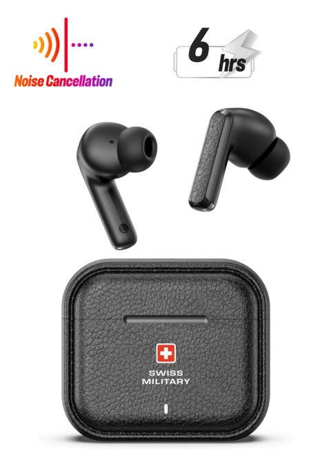 Swiss Military Victor RT75 PRO Active Noise Cancelling Earbuds - ENC & Transparency Mode, Hi-Res LDAC, Smart Touch Sensors, 180 Days Standby, 6Hr Music Time, Compatible with Android/iOS - Black