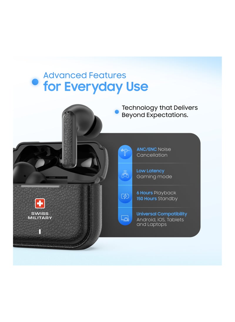 SWISS MILITARY - Swiss Military Victor RT75 PRO Active Noise Cancelling Earbuds - ENC & Transparency Mode, Hi-Res LDAC, Smart Touch Sensors, 180 Days Standby, 6Hr Music Time, Compatible with Android/iOS - Black - Image 1