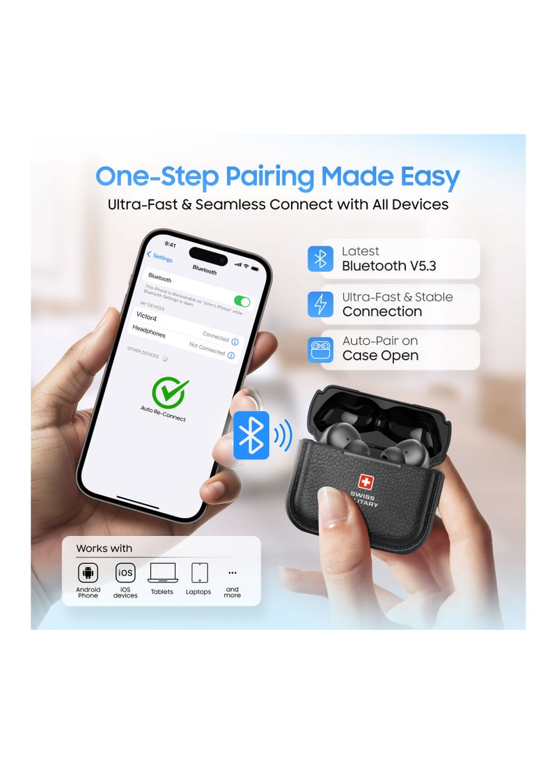 SWISS MILITARY - Swiss Military Victor RT75 PRO Active Noise Cancelling Earbuds - ENC & Transparency Mode, Hi-Res LDAC, Smart Touch Sensors, 180 Days Standby, 6Hr Music Time, Compatible with Android/iOS - Black - Image 1