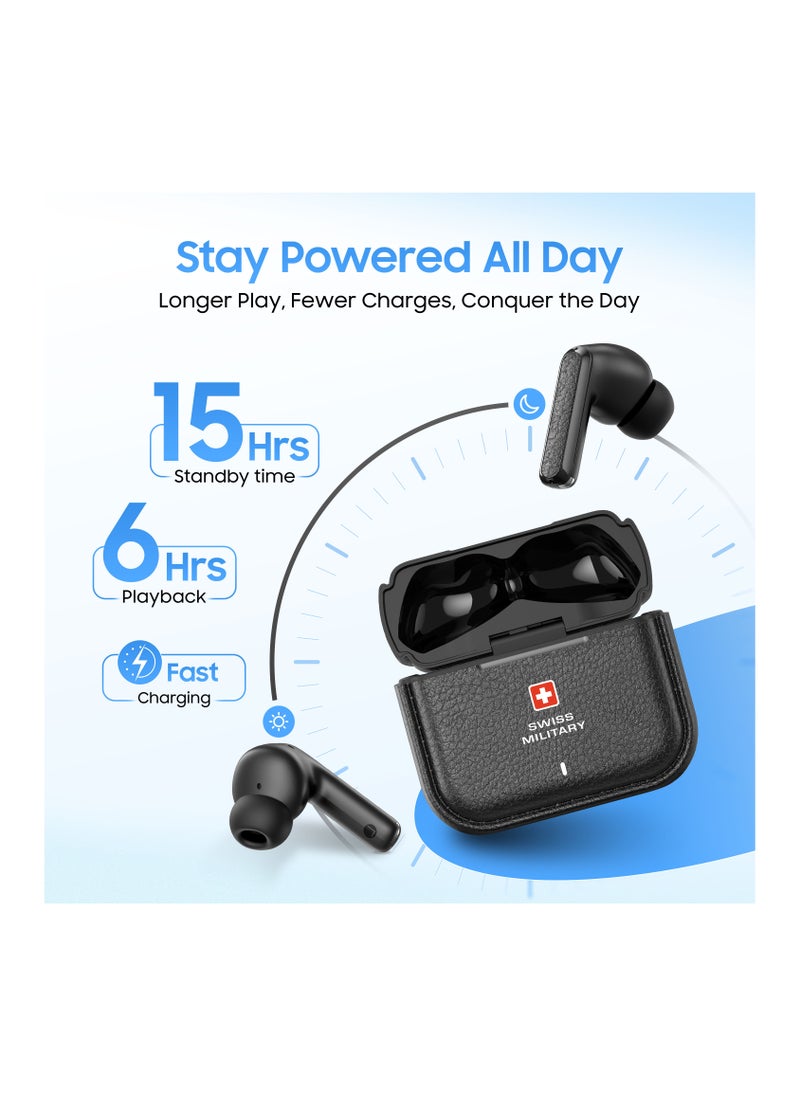 SWISS MILITARY - Swiss Military Victor RT75 PRO Active Noise Cancelling Earbuds - ENC & Transparency Mode, Hi-Res LDAC, Smart Touch Sensors, 180 Days Standby, 6Hr Music Time, Compatible with Android/iOS - Black - Image 1