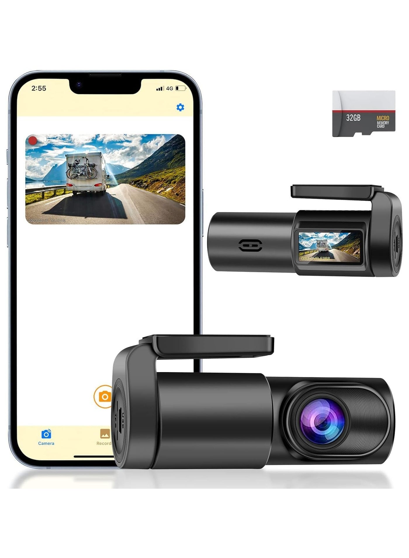 Dashcam 1080P Full HD WiFi Dash Cam with GPS & Free 32GB SD Card – Night Vision, 140° Wide-Angle, 360° Rotating Car Camera, APP Control, WDR, Loop Recording – Black