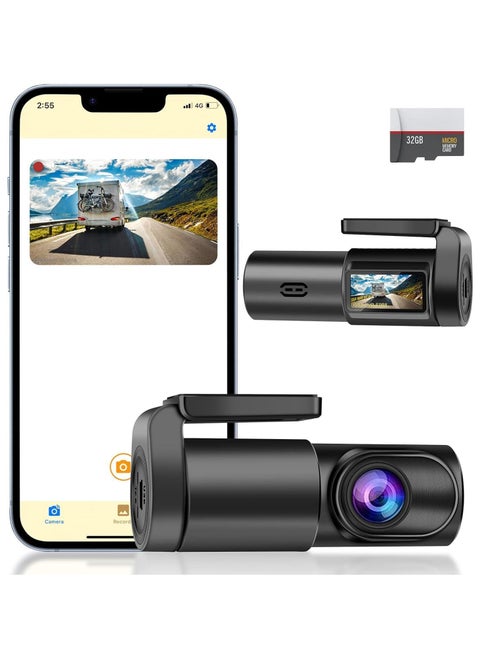 Dashcam  1080P Full HD WiFi Dash Cam with GPS & Free 32GB SD Card – Night Vision, 140° Wide-Angle, 360° Rotating Car Camera, APP Control, WDR, Loop Recording – Black