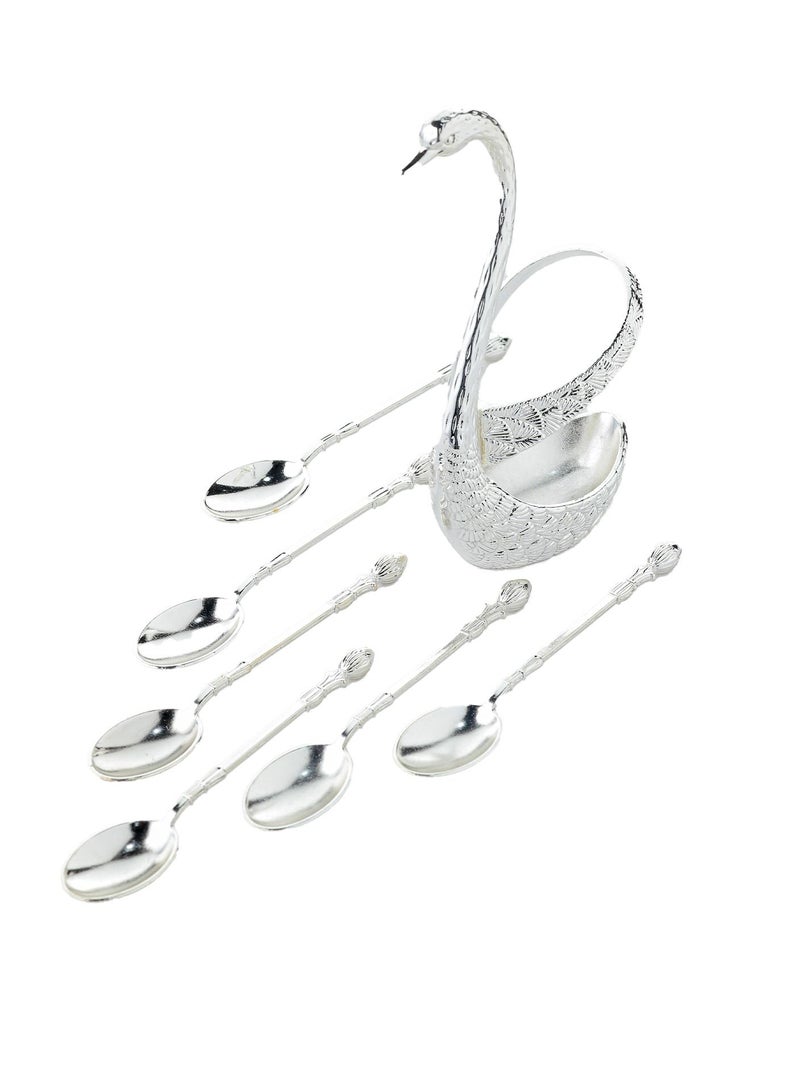 Swan Shape Cutlery, Spoon, Fork Holder Silver With 6 Spoons - Image 2