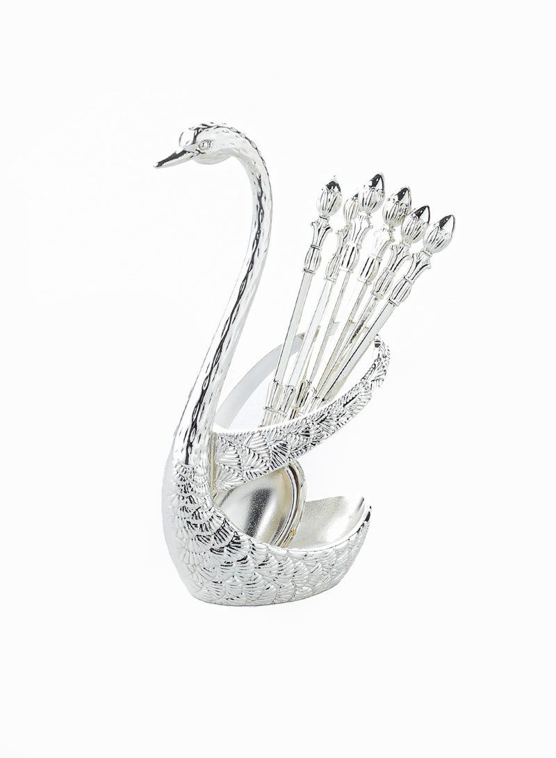 Swan Shape Cutlery, Spoon, Fork Holder Silver With 6 Spoons - Image 1