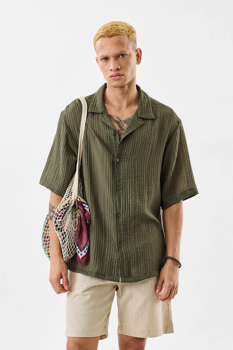 SNITCH Oversized Fit Textured Cuban Collar Shirt