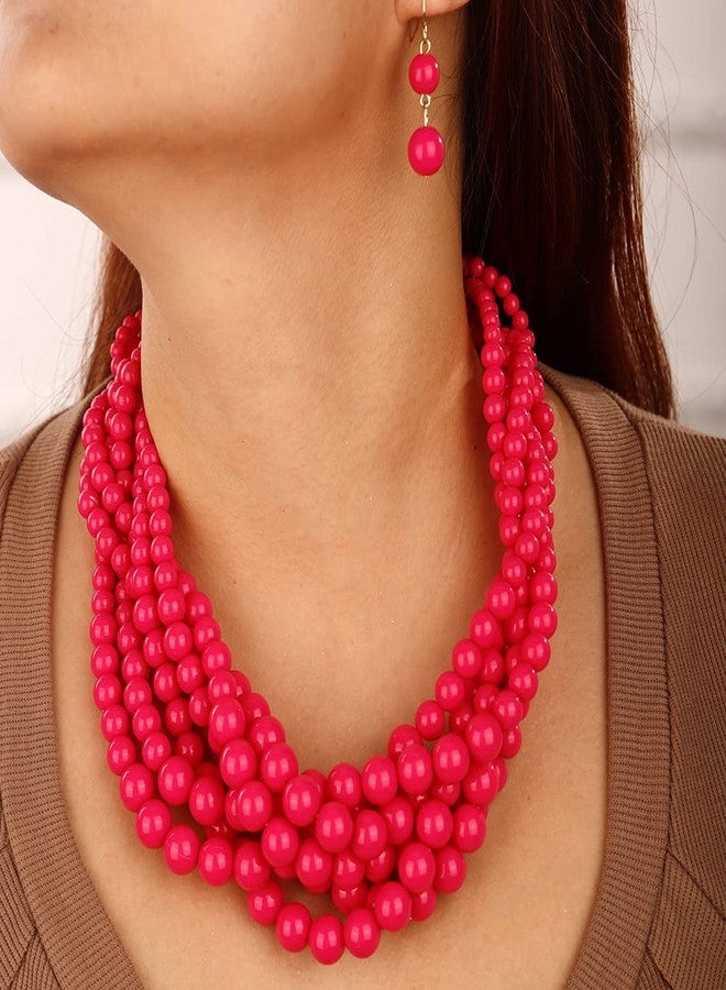 Wiwpar Simulated Pearl Cluster Chunky Pearl Bead Necklace Multi Strand Twisted Pink Pearl Statement Bib Collar Necklace Pearl Necklace and Earring Set for Prom (pink) - Image 4