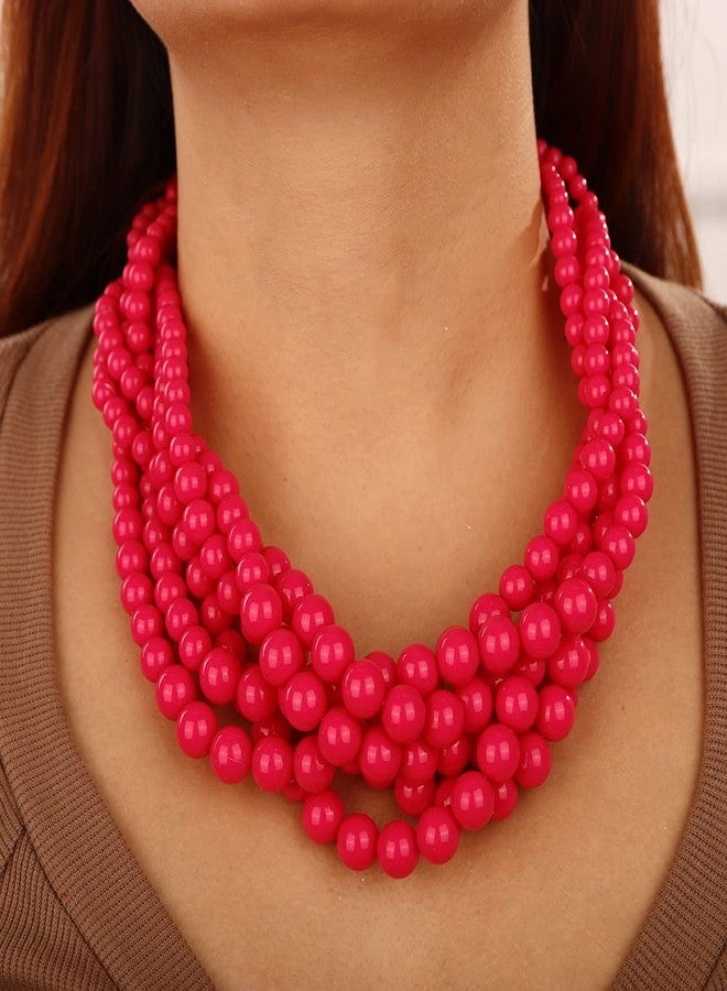 Wiwpar Simulated Pearl Cluster Chunky Pearl Bead Necklace Multi Strand Twisted Pink Pearl Statement Bib Collar Necklace Pearl Necklace and Earring Set for Prom (pink) - Image 2