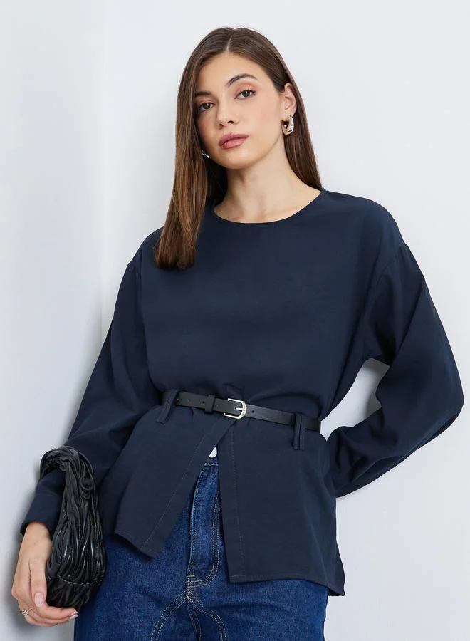 Styli Women Navy Long Sleeve Belted Blouse