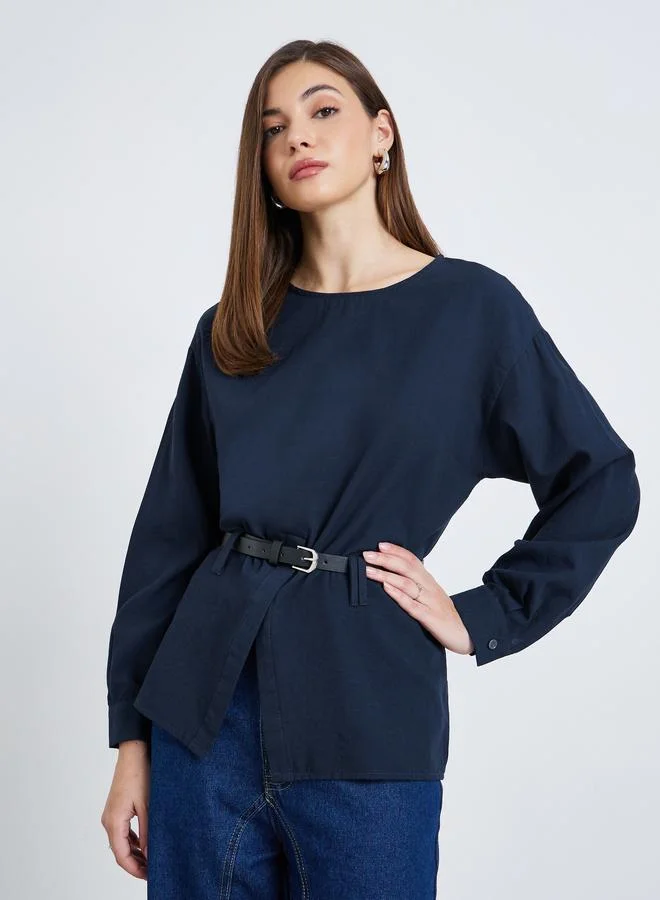 Styli Women Navy Long Sleeve Belted Blouse