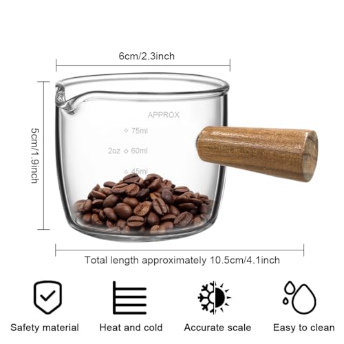 Supvox® Double Espresso Cup 75ml Heat Resistant Measurement Cup with Wooden Handle High Boron Glass Espresso Shot Glass with Easy Pour Spout for Home and Cafe - Image 2